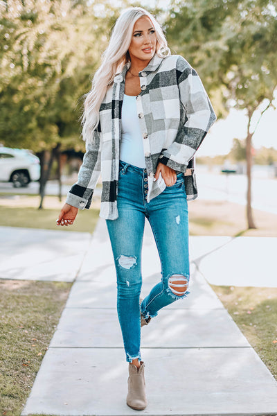 Stylish Women's Gray Plaid Color Block Long Sleeve Jacket with Pockets - Versatile Outerwear for Every Occasion