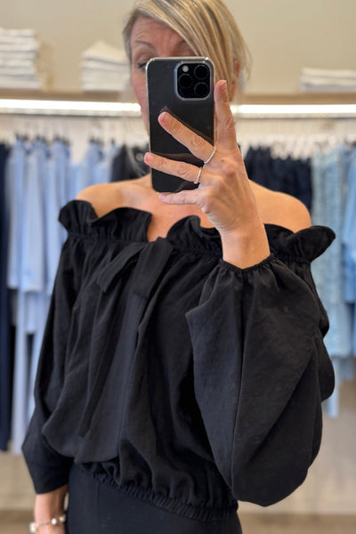 Elegant Women's Black Off-Shoulder Blouse with Frill Details and Knot Front, Long Sleeve Stylish Top for Any Occasion
