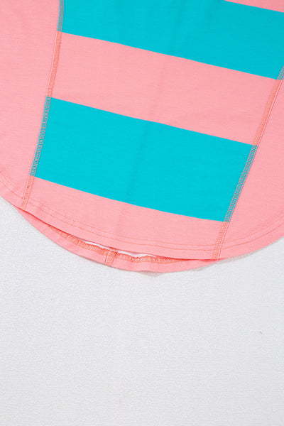 Women's Casual Light Blue Colorblock Striped Top - Chic Loose Fit Drop Shoulder Design for Everyday Comfort