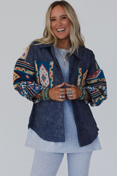 Stylish Women's Dirty Blue Aztec Print Corduroy Shacket - Cozy Button-Down Overshirt for Effortless Layering