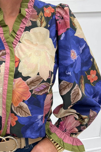 Women's Fall Fashion Floral Print Blouse in Blue with Frilly Striped Trim and Puff Sleeves for a Chic Look
