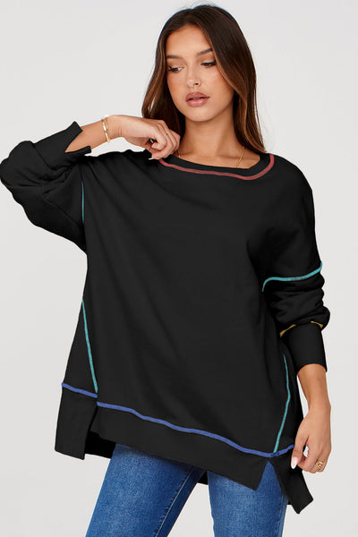 Cozy Women's Black Baggy Sweatshirt with Trendy Contrast Stitching and Chic Split Hem for Stylish Comfort