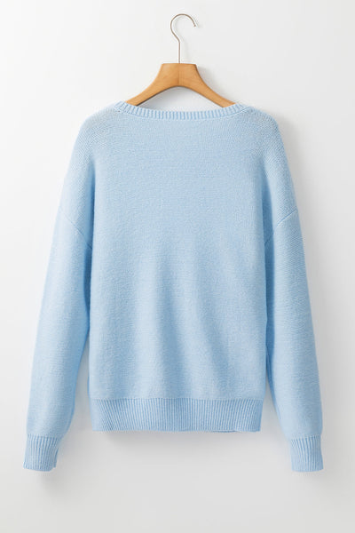 Cozy Women's Light Blue Ribbed Floral Sweater - Stylish Knit Top for Every Season, Perfect for Casual Outings