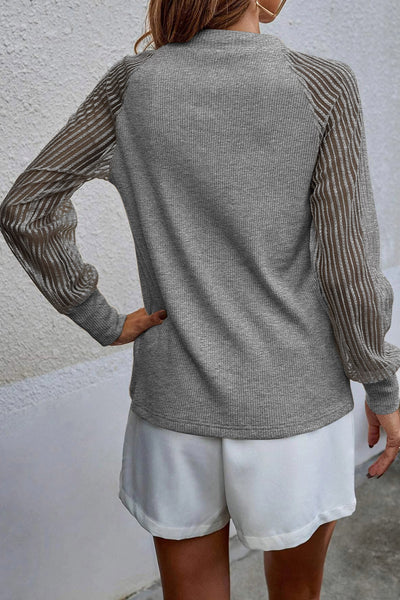 Women's Ribbed Grey Crewneck Top with Sheer Striped Mesh Sleeves
