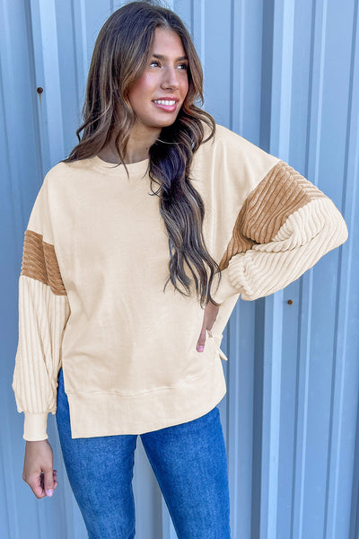 Cozy Women's Apricot Corduroy Patchwork Sweatshirt - Long Sleeve, Drop Shoulder, Perfect for Casual Everyday Style