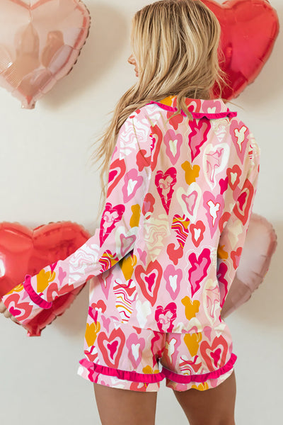 Women's Cute Pink Heart Print Lounge Set with Frilled Trim and Tie Front - Comfy Summer Outfit for Relaxed Days