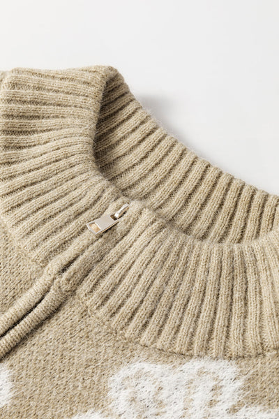 Women's Casual Khaki Floral Half-Zip Sweater with Drop Shoulders - Chic Knit Top for Everyday Comfort and Style