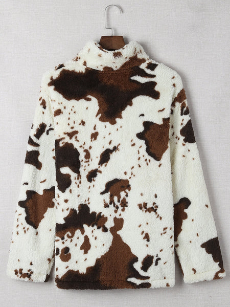 Women's Cow Print Zip Collar Fleece Sweatshirt