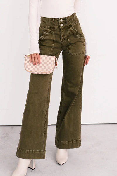 Women's Jungle Green Wide Leg Mica Denim Jeans - Effortlessly Chic Casual Fit for Everyday Style and Comfort