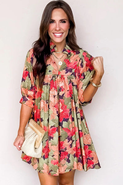 Women's Ruffled V-Neck Floral Babydoll Dress in Sage and Terracotta