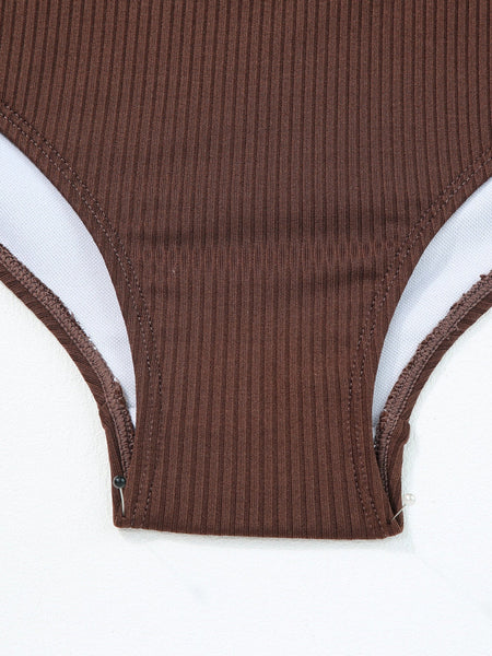 Ribbed Coffee Boho Drawstring Monokini Swimsuit