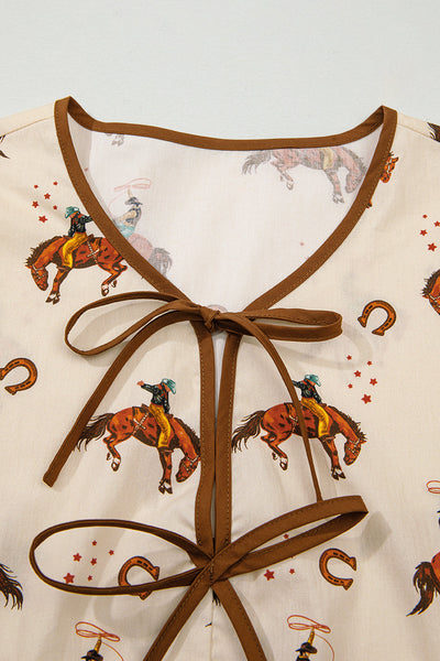 Trendy Women's Apricot Western Rodeo Print Peplum Top with Puff Sleeves and Tied Front Perfect for Casual Outings
