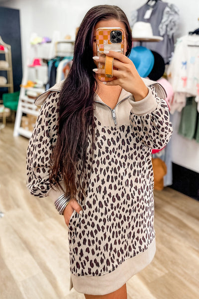 Women's Khaki Leopard Print Mini Dress with Zip-Up Collar and Patchwork Detail Trendy Shift Style for Every Occasion
