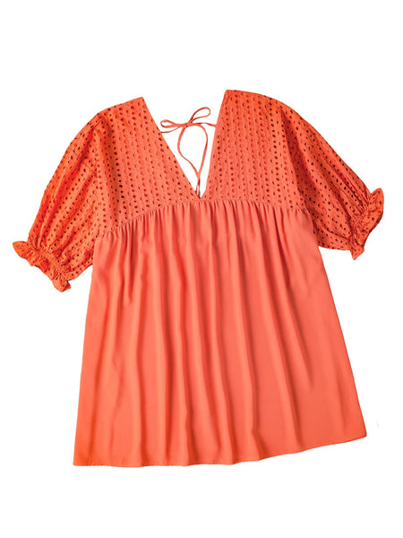 Elegant Eyelet Babydoll Dress with Carrot Contrast Bodice