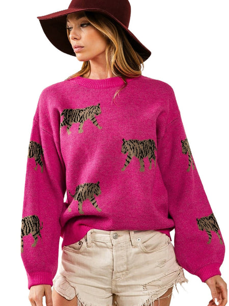 Fierce Leopard Print Rose Red Knit Sweater for Casual Chic