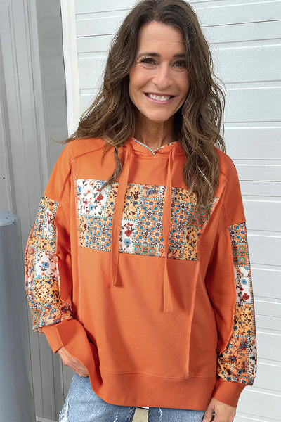 Women's Cozy Floral Patchwork Hoodie - Vibrant Casual Layering Top for Everyday Comfort and Style