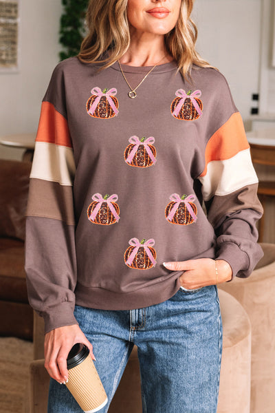 Women's Color Block Pumpkin Sequin Sweatshirt in Dark Khaki