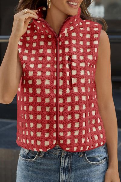 Cozy Women's Red Checkered Plush Zip-Up Winter Vest - Stylish Fit for Cold Weather Fashion and Comfort