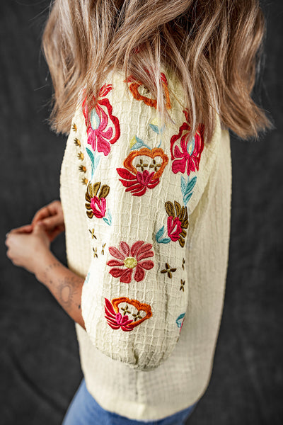 Chic Women's Beige Floral Embroidered Puff Sleeve Blouse with Textured Fabric and Ricrac Trim for Effortless Style