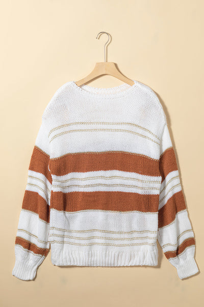 White Oversized Striped Knit Sweater with Puff Sleeves