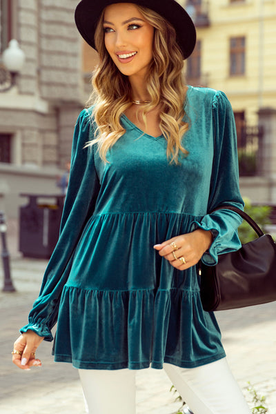 Chic Sea Green Velvet V-Neck Blouse with Puff Sleeves and Peplum Hem for Women‚Äôs Elegant Casual Style