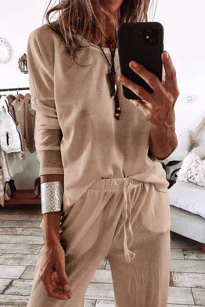 Cozy Women's Parchment Textured Long Sleeve Lounge Set with Pants - Stylish Casual Outfit for Relaxation and Comfort