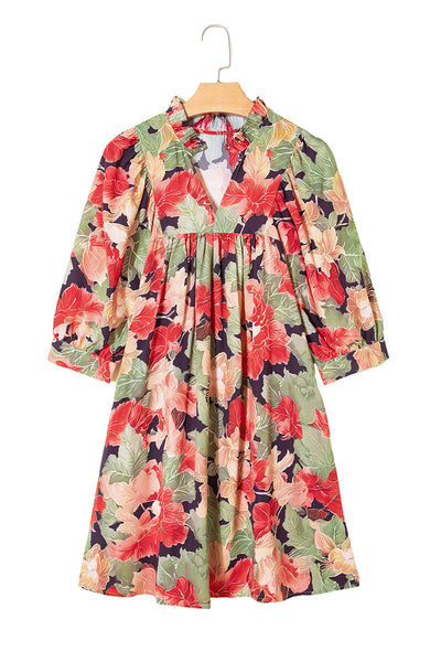 Women's Ruffled V-Neck Floral Babydoll Dress in Sage and Terracotta