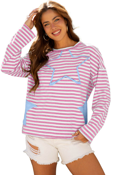 Women's Casual Pink Stripe Knit Top with Starry Patch, Drop Shoulders, and Raw Edge for Effortless Everyday Style