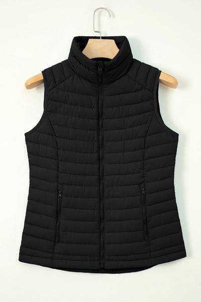 Cozy Women's Black Quilted Puffer Vest with Plush Collar and Zipper - Stylish Winter Outerwear for Cold Adventures