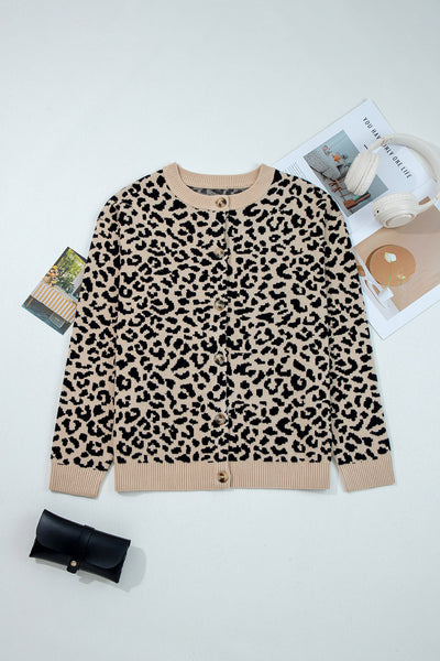 Women's Cozy Black Leopard Print Chunky Knit Cardigan Sweater with Drop Shoulders for Stylish Warmth made for easy styling and wardrobe coordination,