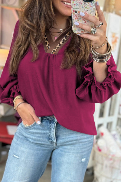 Women's Violet V-Neck Blouse with Leopard Trim and Flounced Sleeves with practical styling and dependable silhouette control.