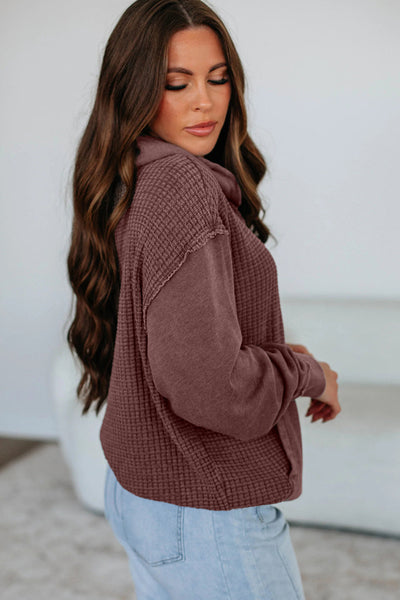 Women's Mineral Wash Hoodie with Contrast Textured Patchwork and Kangaroo Pocket - Stylish Solid Color Pullover