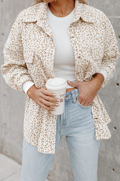 Trendy Beige Leopard Print Corduroy Shacket for Women with Flap Pockets Stylish Layering Essential for Every Wardrobe