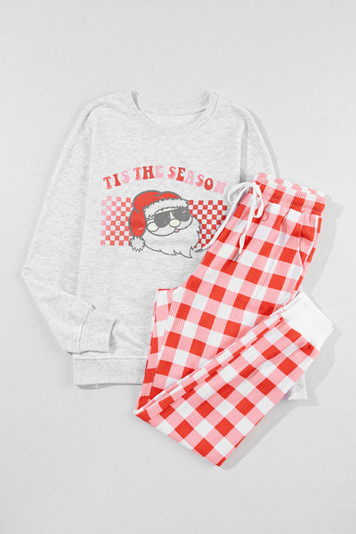Cozy Multicolor Christmas Lounge Set for Women with Plaid Pants - Festive Claus Graphic for Holiday Comfort