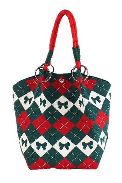 Women's Retro Argyle Bow Knit Bucket Bag in Fiery Red