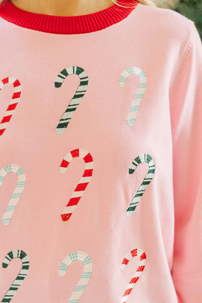 Women's Cozy Gossamer Pink Color Block Sweater with Candy Cane Embroidery - Stylish Round Neck Design for a Chic Look