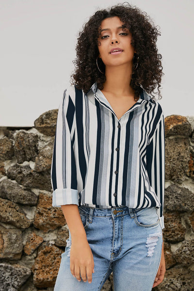 Chic Women's White and Navy Striped Shirt - Comfortable Fit for Effortless Everyday Style and Casual Elegance