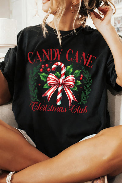 Women's Candy Cane Christmas Club Graphic Tee in Premium Black Jersey made for easy styling and wardrobe coordination, with premium-like structure and