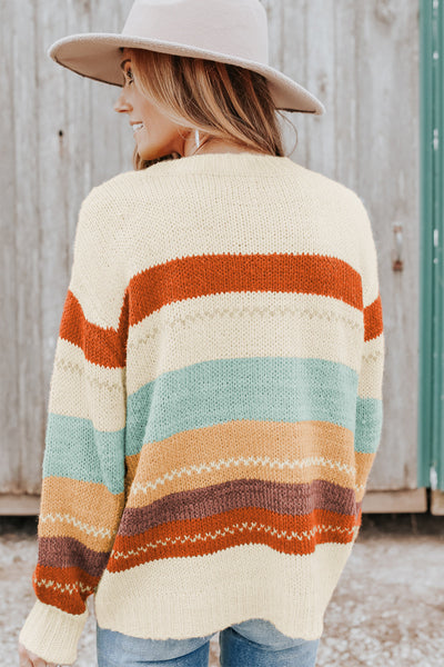 Cozy Women's Striped Color Block Sweater with Crew Neck & Drop-Shoulder Design Trendy Layering Essential in Soft Knit