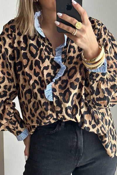 Women's Leopard Print Ruffle Blouse with Striped Contrast