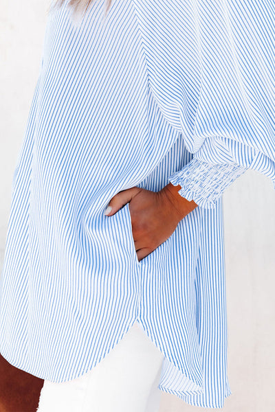 Women's Sky Blue Smocked Cuff Striped Boyfriend Shirt