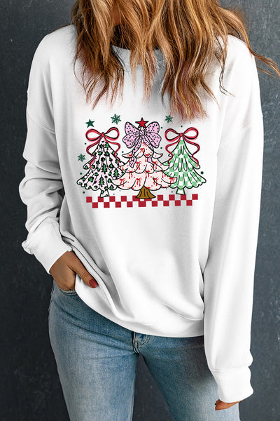 Women's White Bow Christmas Tree Graphic Sweatshirt