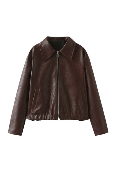 Women's Retro Zip-Up Leatherette Jacket with Elastic Hem in Wild Ginger - Stylish, Comfortable, and Versatile Outerwear