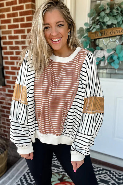 Trendy Women's Oversized Pink Striped Color Block Long Sleeve Top with Exposed Seams for Casual Chic Looks