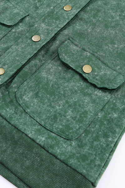 Trendy Women's Green Vintage Washed Shacket with Flap Pockets for Casual Layering and Effortless Style