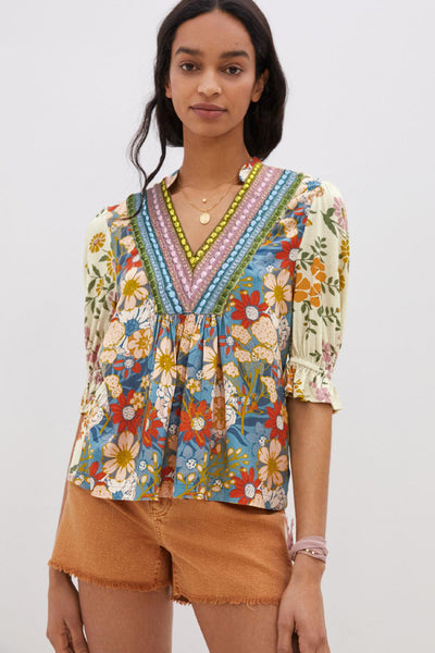 Women's Boho Floral Crochet Blouse in Multicolor with V-Neck and Half Sleeves for Effortless Chic Style