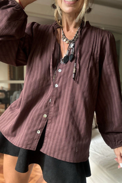 Women's Wild Ginger Striped Jacquard Tie Neck Puff Sleeve Shirt - Chic and Comfortable Top for Everyday Style