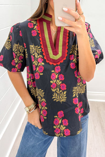 Trendy Floral Print Black Blouse for Women - Short Bubble Sleeves, Slit Neckline, Chic and Stylish Casual Top