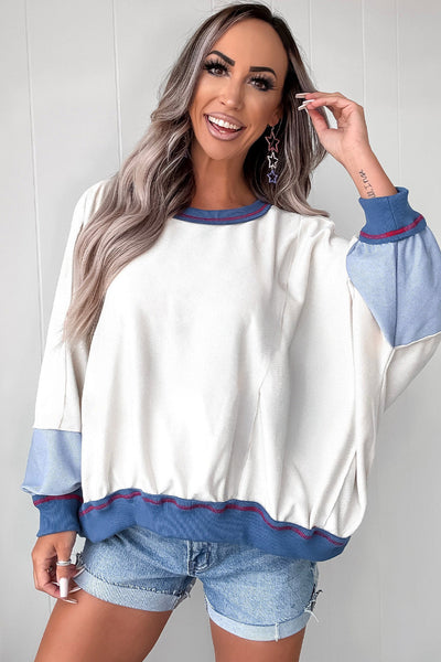 Trendy Women's Beige Colorblock Oversized Sweatshirt with Cozy Fit and Stylish Contrast Trim