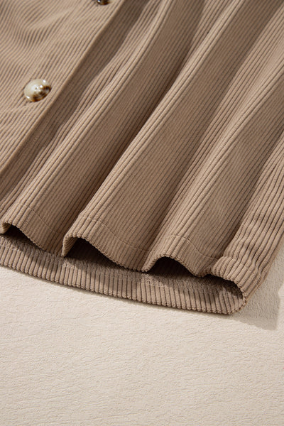 Chic Women's Pale Khaki Corduroy Shacket with Hood, Drawstring, and Pockets - Perfect for Casual Layering